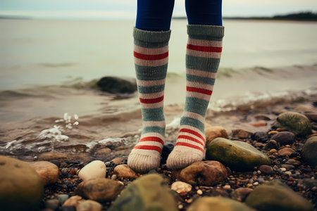 Legs of a girl in striped socks on the seashoreの素材