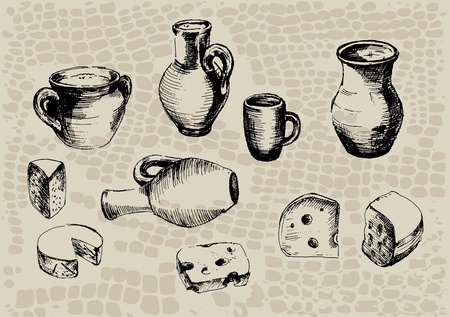 pottery, jug with milk and a slice of cheeseのイラスト素材
