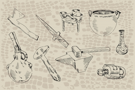 archaeological finds  set of nine objects found during archaeological excavationsのイラスト素材