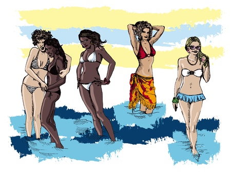 images of beautiful girls in bikinis on the beachのイラスト素材