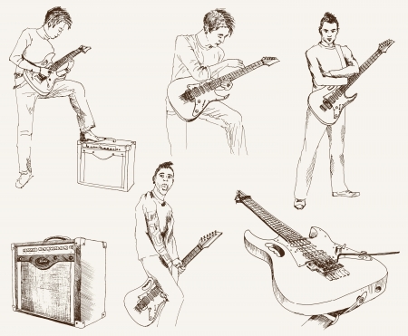 rock guitarist  set of vector sketchesのイラスト素材