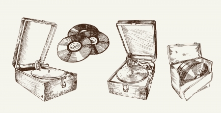 vector illustration of a recordplayer  set of sketchesのイラスト素材