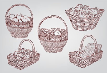 Set of five vector sketches depicting baskets of sweets and fruitsのイラスト素材