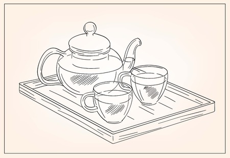 sketch beautifully decorated tea set on the tableのイラスト素材