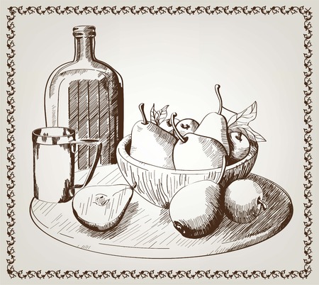 a bottle, fruit and a metal mugのイラスト素材