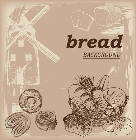 vector sketch of bakery products in the basket on a gray backgroundのイラスト素材
