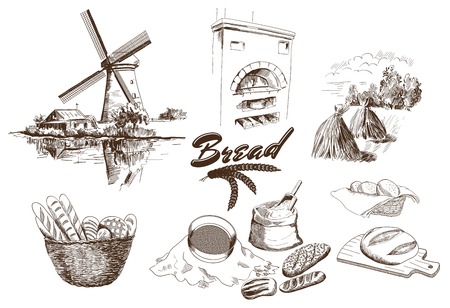 bakery products. set of vector sketches. hand drawn illustrationsのイラスト素材