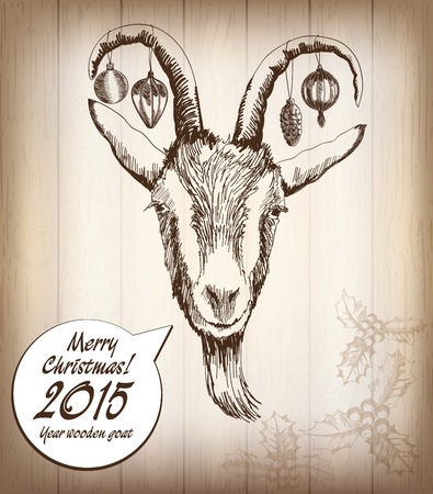 Happy New Year and Merry Christmas card. Hand drawn sketch portrait of sheepのイラスト素材