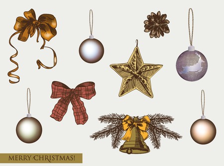 set of attributes and toys which are used to decorate a Christmas treeのイラスト素材