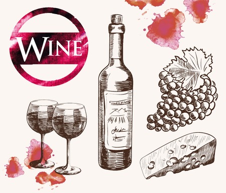 old wine tasting. handmade watercolor sketch setのイラスト素材