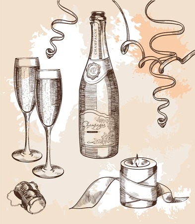glass of champagne and a festive mood set of sketchesのイラスト素材