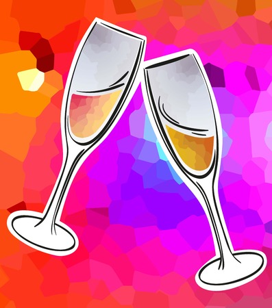 two glasses clinked glasses with sparkling wine on a bright color backgroundのイラスト素材