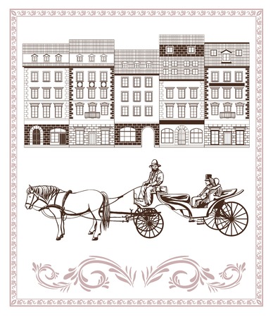 driving through city streets and carriage with the driver and passengersのイラスト素材