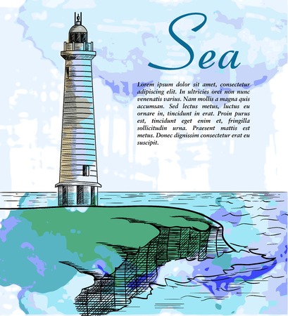 Lighthouse on a steep rocky shore vector color illustrationのイラスト素材