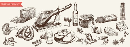 foodstuffs set of hand drawn vector sketches on a white backgroundのイラスト素材