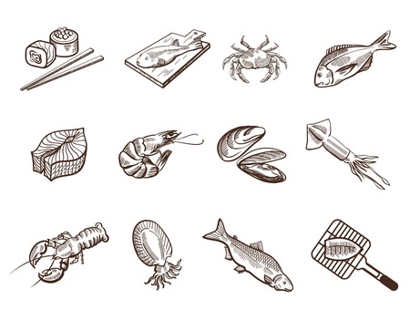 Collection foodstuffs of seafood icons on white backgroundのイラスト素材
