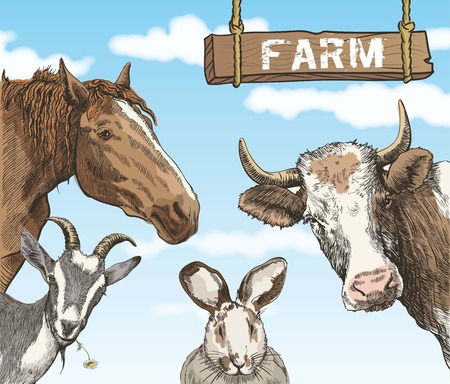 Group of  farm animals on background of blue sky with white cloudsのイラスト素材