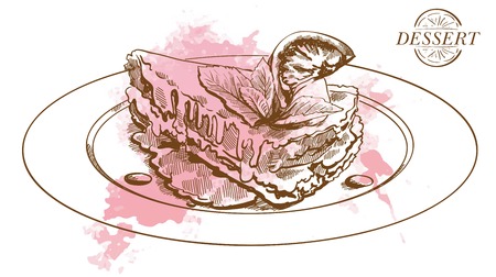 Detailed sketch of vintage sweet cake on plateのイラスト素材