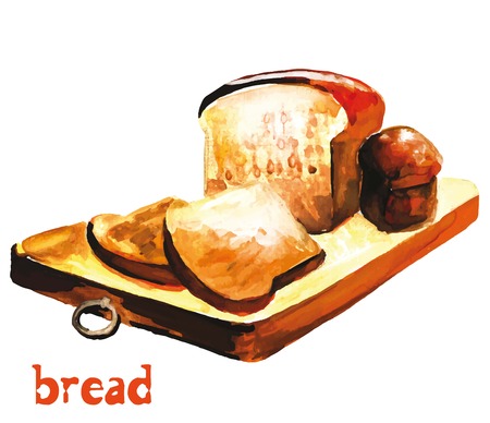 Watercolor image of rye bread on a cutting board with slices of breadのイラスト素材