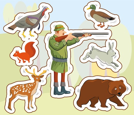 hunter and wild animals. colored icons on the nature backgroundのイラスト素材