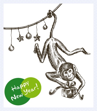 monkey hanging on the garland and keeps Christmas giftのイラスト素材