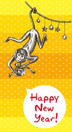 monkey hanging on the garland and keeps Christmas giftのイラスト素材