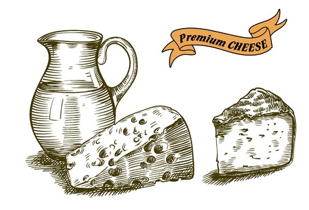 hand drawn sketches of natural cheese on a white backgroundのイラスト素材