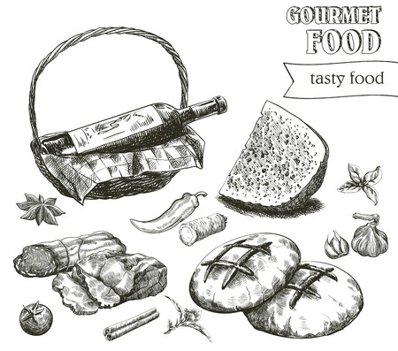 hand drawn sketches of natural products on a white backgroundのイラスト素材