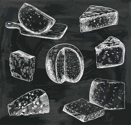 hand drawn sketches of natural cheese on a black backgroundのイラスト素材