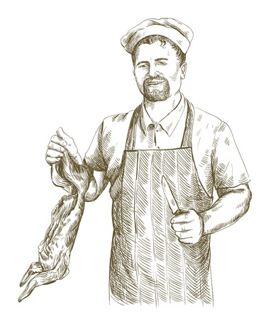 hand drawn sketches of butcher who cut up carcass of the rabbit on a white backgroundのイラスト素材