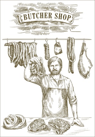 hand drawn sketches of butcher that offers fresh meat on a white backgroundのイラスト素材