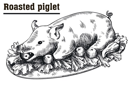 Roast suckling pig. Roasted piglet with vegetables on platter. Sketch drawn by hand on a white backgroundのイラスト素材