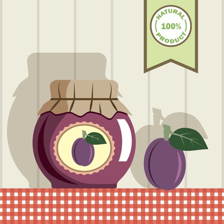 jar with jam and plum on the table.のイラスト素材
