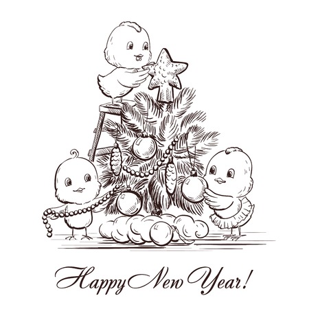 chickens decorate a Christmas treeのイラスト素材