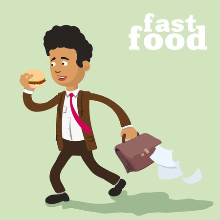 man with a briefcase on the run eating a hamburger. color vector illustrationのイラスト素材