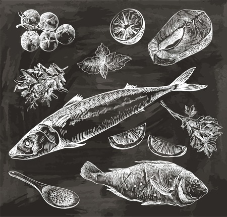 natural seafood. Ingredients and spices for cooking fishのイラスト素材