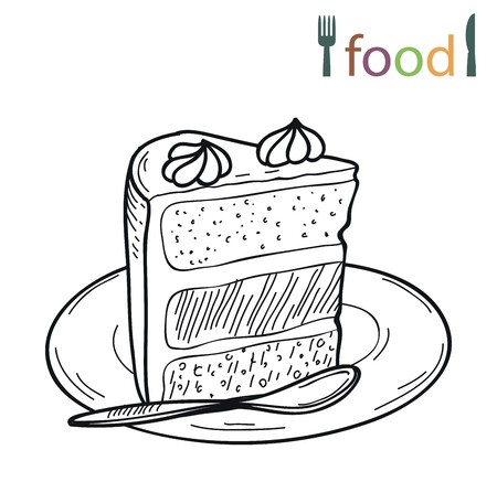 vector sketch of piece of cake on a plate on a white backgroundのイラスト素材