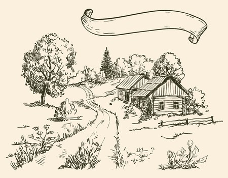 Village houses and farmlandのイラスト素材