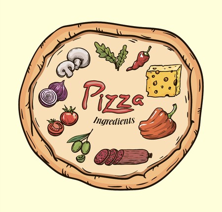 Foodstuffs. Ingredients for pizza. Color vector illustration on beigeのイラスト素材
