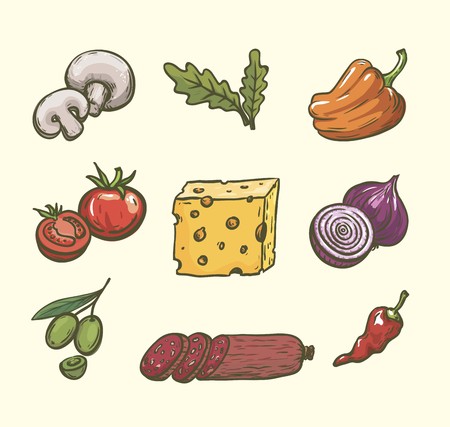 Foodstuffs. Ingredients for pizza. Set of color sketches on whiteのイラスト素材
