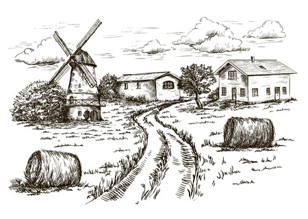 windmill, village houses and farmlandのイラスト素材