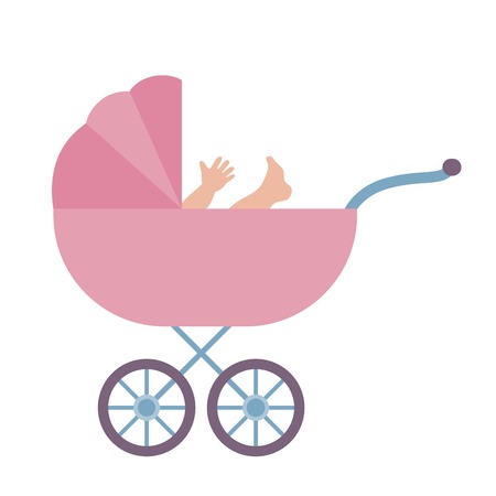 Baby stroller with baby. Colored vector illustration on whiteのイラスト素材