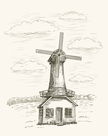 windmill windmill on a background of farmlandsのイラスト素材
