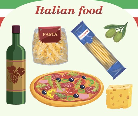 Traditional Italian food and drinks. Set of colored vector illustrations on white backgroundのイラスト素材