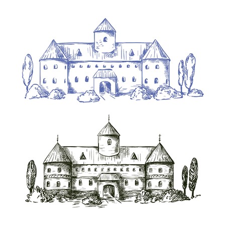 Old castle. Two vector sketch on white background.のイラスト素材