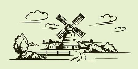 windmill, village houses and farmland. vector illustration on a backgroundのイラスト素材