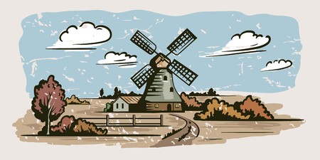 windmill, village houses and farmland. vector color illustration on a grey backgroundのイラスト素材