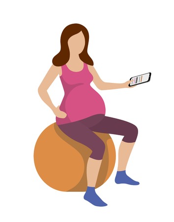 pregnant woman is exercising on a gym ball with a phone in her handのイラスト素材