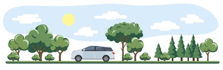 gray car rides past trees and bushes in summerのイラスト素材