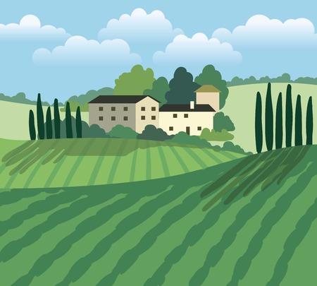 village houses and farmland. vector sketch drawn by hand on a white backgroundのイラスト素材